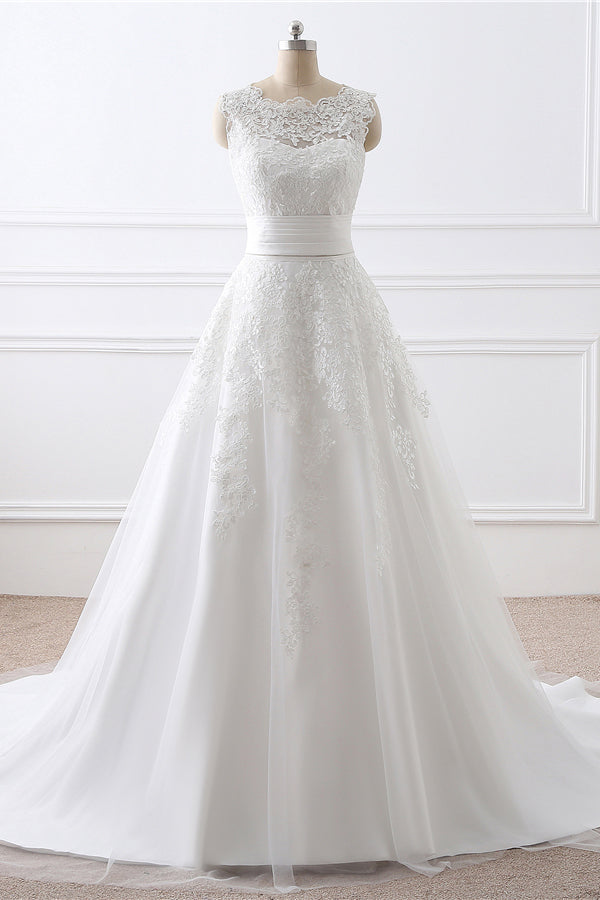 Wedding Dress Tulle, Sleeveless White Wedding Dress with Applique