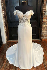 Wedding Dress Designer, White Lace Off-the-Shoulder Mermaid Long Wedding Gown