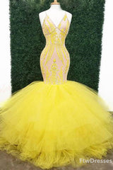 Bridesmaid Dress Formal, yellow sexy prom dresses with deep v neck lace appliques mermaid evening gowns