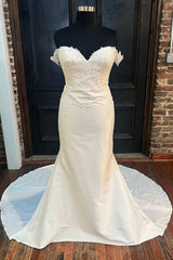 Wedding Dresses Ball Gown, White Satin Off-the-Shoulder Mermaid Long Wedding Dress