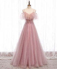 Bridesmaid Dresses Elegant, Pink Sweetheart Tulle Long Prom Dress, Pink Tulle Formal Dress, 1