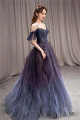 Bridesmaids Dresses Vintage, A-line Dark Purple Ombre Tulle Evening Party Dresses Long Prom Dresses