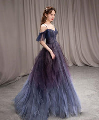 Bridesmaid Dress Winter, A-line Dark Purple Ombre Tulle Evening Party Dresses Long Prom Dresses