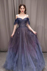 Bridesmaid Dress Vintage, A-line Dark Purple Ombre Tulle Evening Party Dresses Long Prom Dresses