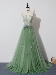 Bridesmaid Dresses Style, Green Tulle Lace Long Prom Dress, Green Tulle Evening Dress, 3