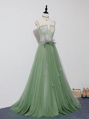 Bridesmaids Dress Style, Green Tulle Lace Long Prom Dress, Green Tulle Evening Dress, 3