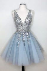 Prom Dresses Designer, V Neck Light Sky Blue Homecoming Dress With Sequins 5933