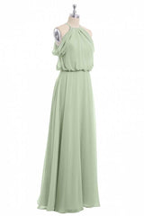 Prom Dress Green, Sage Green Chiffon Halter Blouson-Style Long Bridesmaid Dress
