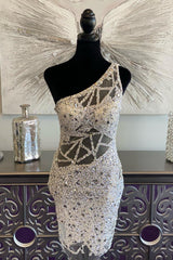 Evening Dress Designers, White One Shoulder Beaded Sheath Homecoming Dress with Wing
