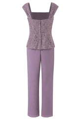Homecoming Dresses Silk, Three-Piece Mauve Square Neck Mother of the Bride Pant Suits