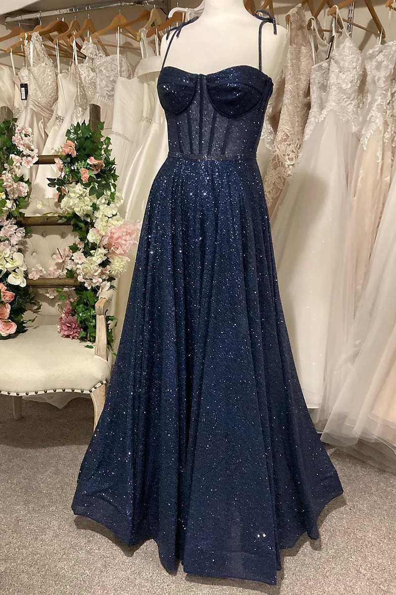 Sparkly Navy Blue Sequin Prom Dresses, Shiny Long Lace Prom Dress