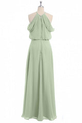 Prom Dresses Outfits Fall Casual, Sage Green Chiffon Halter Blouson-Style Long Bridesmaid Dress