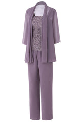 Homecoming Dress Lace, Three-Piece Mauve Square Neck Mother of the Bride Pant Suits