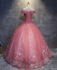 Green Dress, Pink Tulle Lace Off Shoulder Long Prom Dress, Pink Tulle Evening Dress, 1