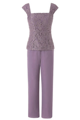 Homecoming Dresses Laces, Three-Piece Mauve Square Neck Mother of the Bride Pant Suits