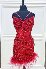 Prom Dresses 2036 Short, Feathers Red Sequin Straps Bodycon Short Homecoming Dress