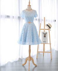 Prom Dresses2038, Cute Blue Lace Short Prom Dress, Blue Homecoming Dress