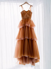 Brown tulle long prom dress, evening dress