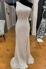 Bridesmaid Dresses Mismatched Fall, One Shoulder Ivory Sequined Long Party Dress