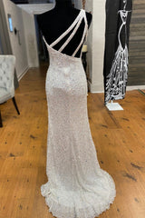 Bridesmaids Dress With Lace, One Shoulder Ivory Sequined Long Party Dress