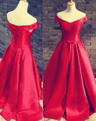 Unique Wedding Dress, 2024 Gorgeous Red Floor-Length/Long A-Line/Princess Off-the-Shoulder Lace Up Satin Prom Dresses