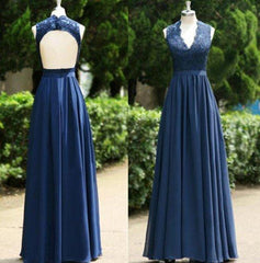 Flower Dress, 2024 Blue Floor-Length/Long A-Line/Princess Backless Lace V-Neck Chiffon Prom Dresses
