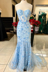Evening Dresses 2037, Light Blue Lace Sweetheart Trumpet Long Prom Dress