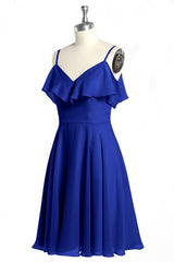 Reception Dress, Royal Blue Spaghetti Straps Ruffled A-Line Short Bridesmaid Dress