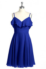 Gown, Royal Blue Spaghetti Straps Ruffled A-Line Short Bridesmaid Dress
