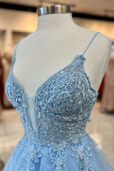 Evening Dresses For Wedding, Light Blue Tulle Lace Plunge Neck A-Line Prom Dress