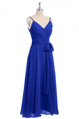 Blue Prom Dress, Royal Blue V-Neck Spaghetti Straps Tea-Length Bridesmaid Dress