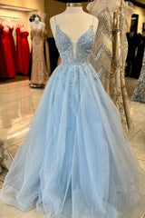 Evening Dress For Wedding, Light Blue Tulle Lace Plunge Neck A-Line Prom Dress