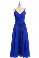 Black Bridesmaid Dress, Royal Blue V-Neck Spaghetti Straps Tea-Length Bridesmaid Dress
