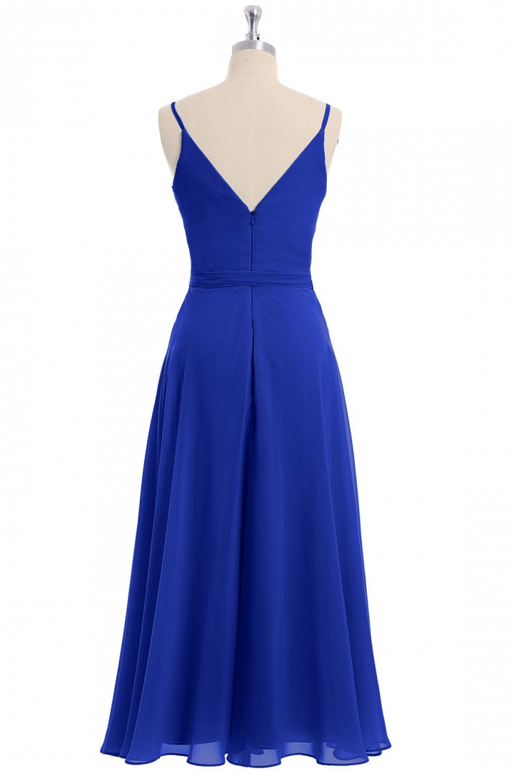 Evening Gown, Royal Blue V-Neck Spaghetti Straps Tea-Length Bridesmaid Dress