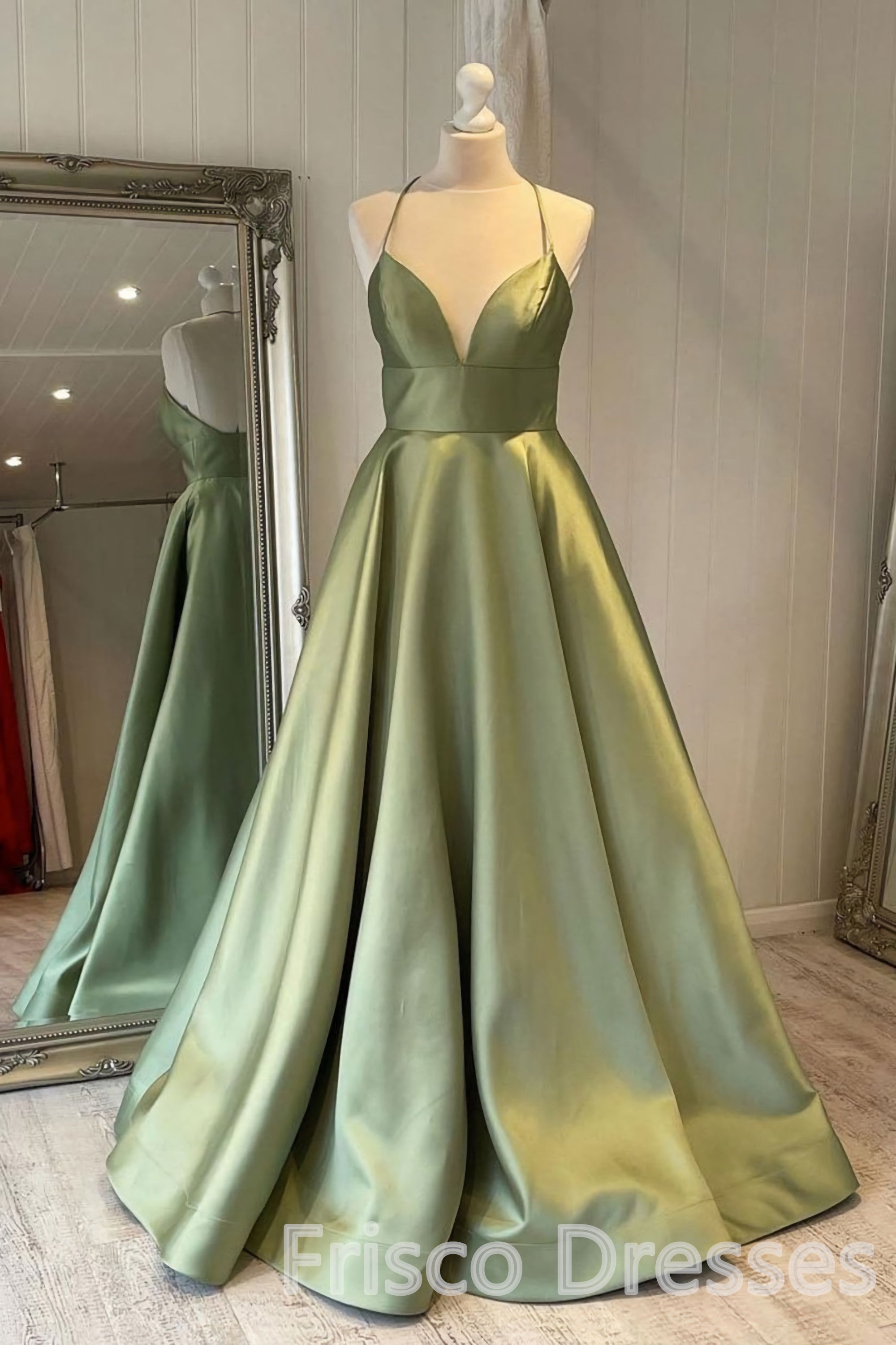 Bridesmaid Dresses Satin, Green Simple A Line Satin Spaghetti Straps Long Prom Dresses