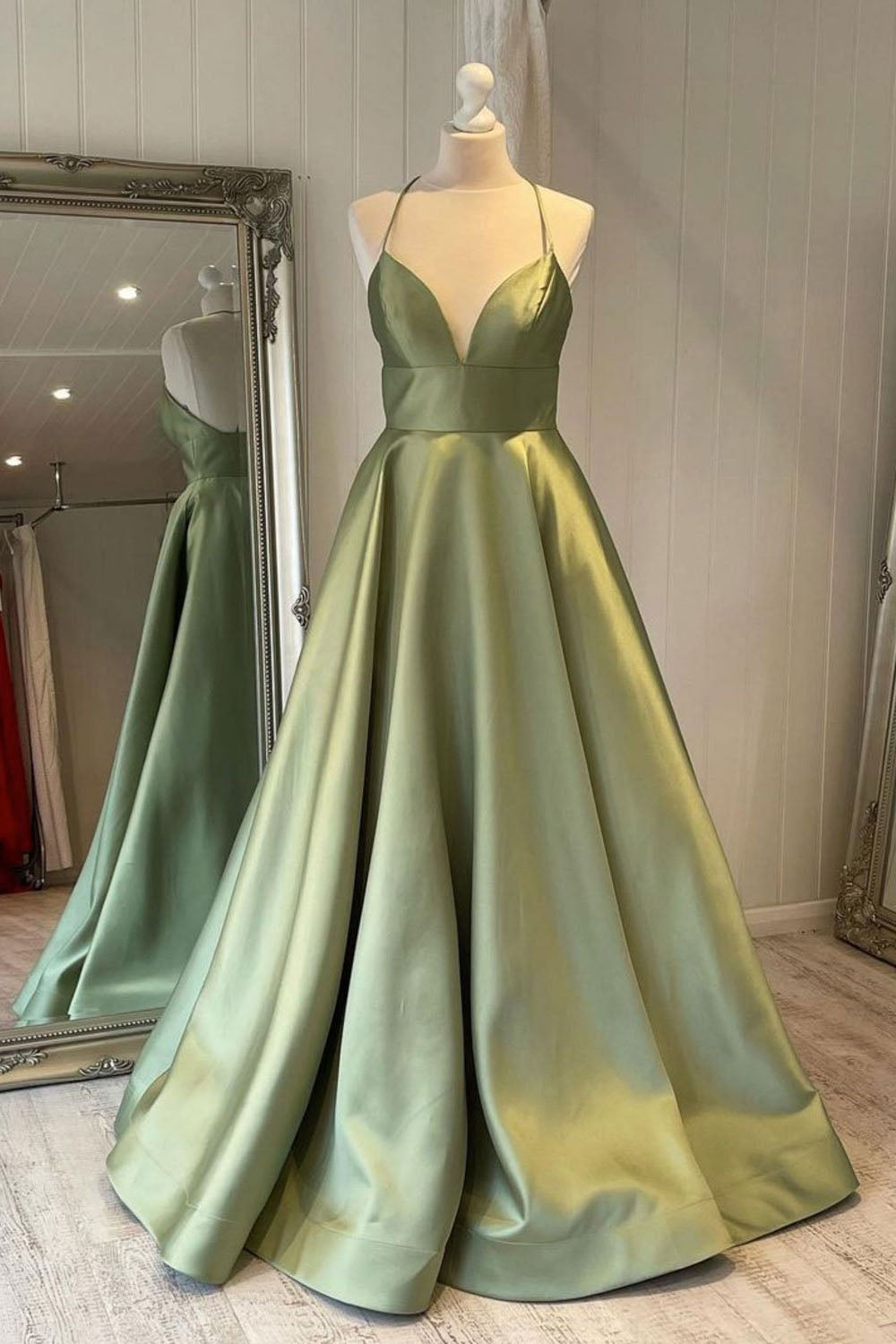 Prom Dressed Black, Green Simple A Line Satin Spaghetti Straps Long Prom Dresses