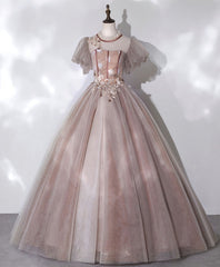 Princess Dress, Pink Tulle Lace Long Prom Dress, Pink Lace Sweet 16 Dress, 1