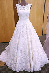 Wedding Dress For Big Bust, Chic Round Neck Open Back A Line Sleeveless Lace Appliques Wedding Dresses