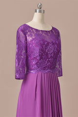 Bridesmaid Dresses Tulle, Purple Lace Round Neck Keyhole Back Long Mother of the Bride Dress