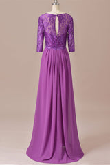 Bridesmaid Dress Tulle, Purple Lace Round Neck Keyhole Back Long Mother of the Bride Dress