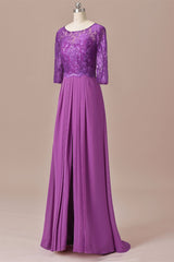 Bridesmaids Dress Gold, Purple Lace Round Neck Keyhole Back Long Mother of the Bride Dress