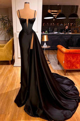 Party Dress Brands, Black Spaghetti Straps Split Chapel Trailing Evening Prom Dresses