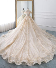 Wedding Dresses Under 202, Champagne Off Shoulder Tulle Lace Long Wedding Dress, Wedding Gown