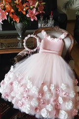 Wedding Dress Styles 2023, A Line Round Neck Pink Hand Made Flowers Flower Girl Dresses, Tulle Wedding Party Dresses, Srs15019