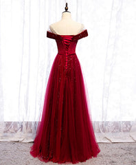 Prom Dresses Sweetheart, Burgundy Round Neck Tulle Sequin Long Prom Dress, Tulle Formal Dress