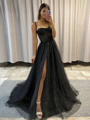 Prom Dresses Colorful, Black Sweetheart Neck Tulle Long Prom Dress