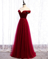 Prom Dresses Size 30, Burgundy Round Neck Tulle Sequin Long Prom Dress, Tulle Formal Dress