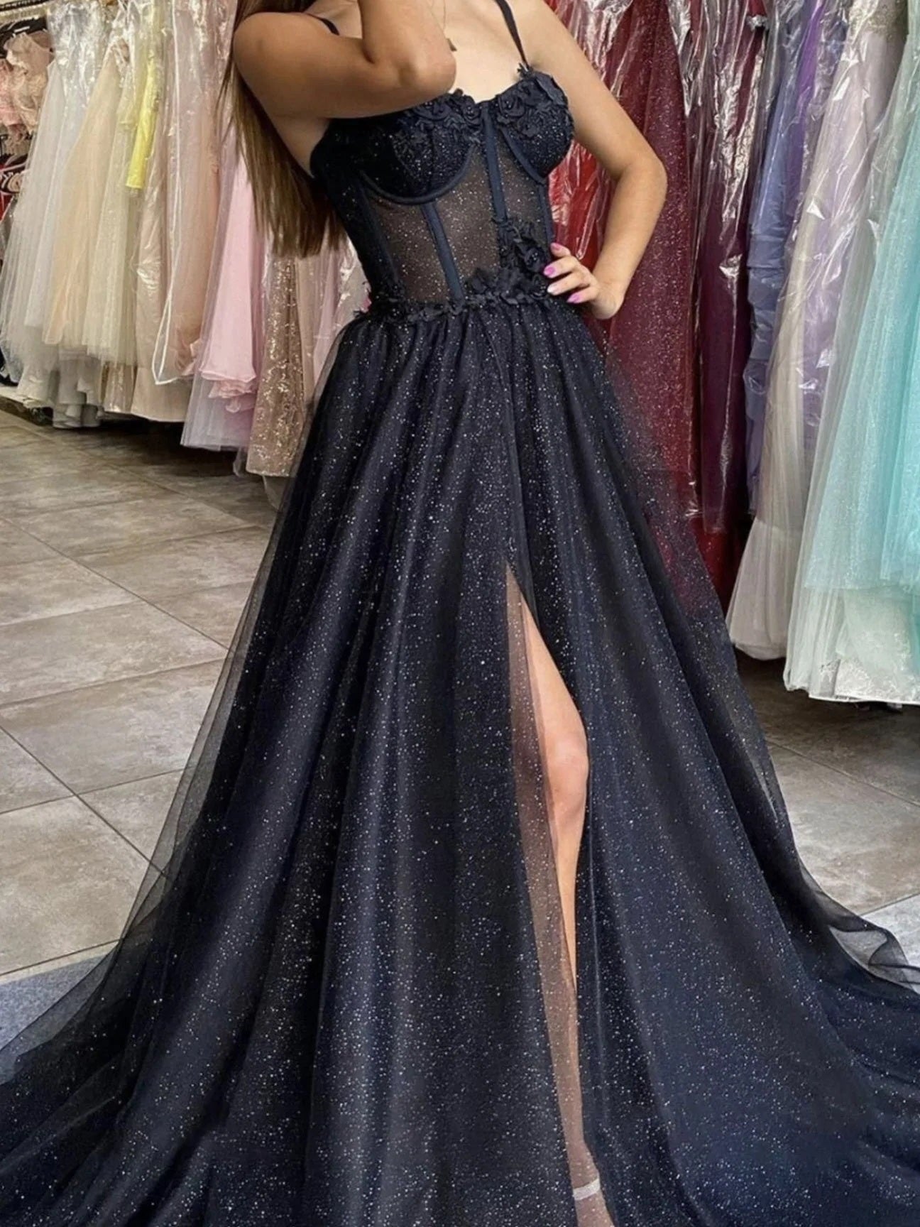Prom Dress Color, Black Sweetheart Neck Tulle Long Prom Dress