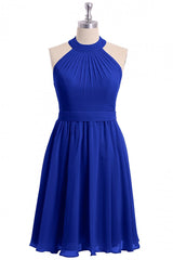 Prom Dresses Light Blue Long, Rust Orange Chiffon Halter Backless A-Line Short Bridesmaid Dress