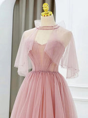 Wedding Guest Outfit, Pink Tulle Tea Length Prom Dress, Pink Tulle Formal Dress